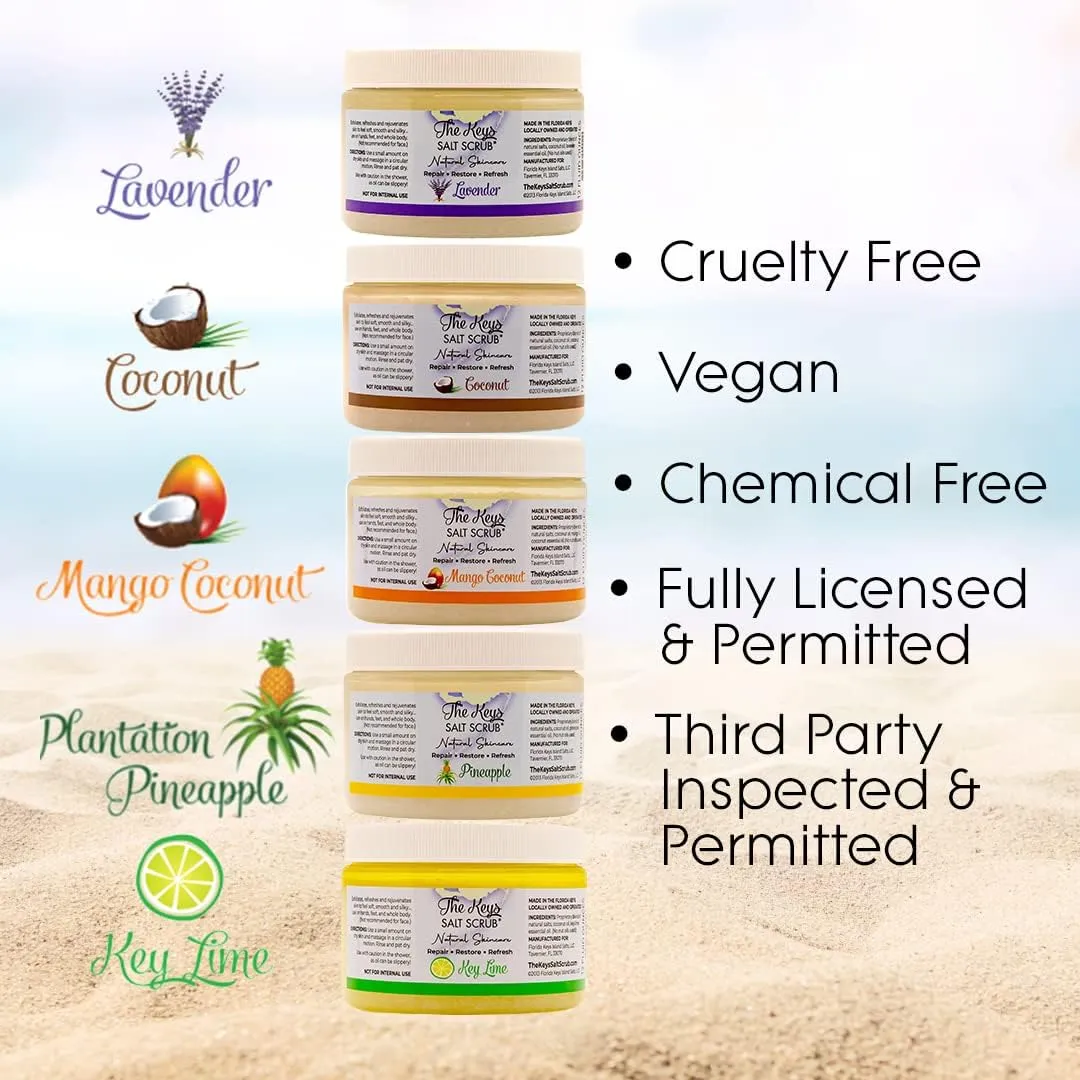 The Keys Salt Scrub - Lavender Sea Salt Scrub - Exfoliating Body Scrub with Wooden Spoon - Moisturizing Exfoliator for Face, Hands, Foot, Bath, Manicure & Pedicure, and Bikini Area Skin Care (12 oz.)