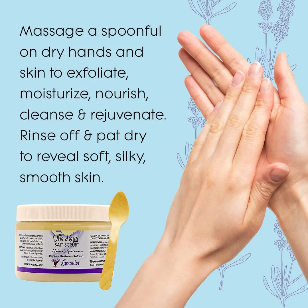 The Keys Salt Scrub - Lavender Sea Salt Scrub - Exfoliating Body Scrub with Wooden Spoon - Moisturizing Exfoliator for Face, Hands, Foot, Bath, Manicure/Pedicure & Bikini Area Skin Care (12pcs, 12oz)