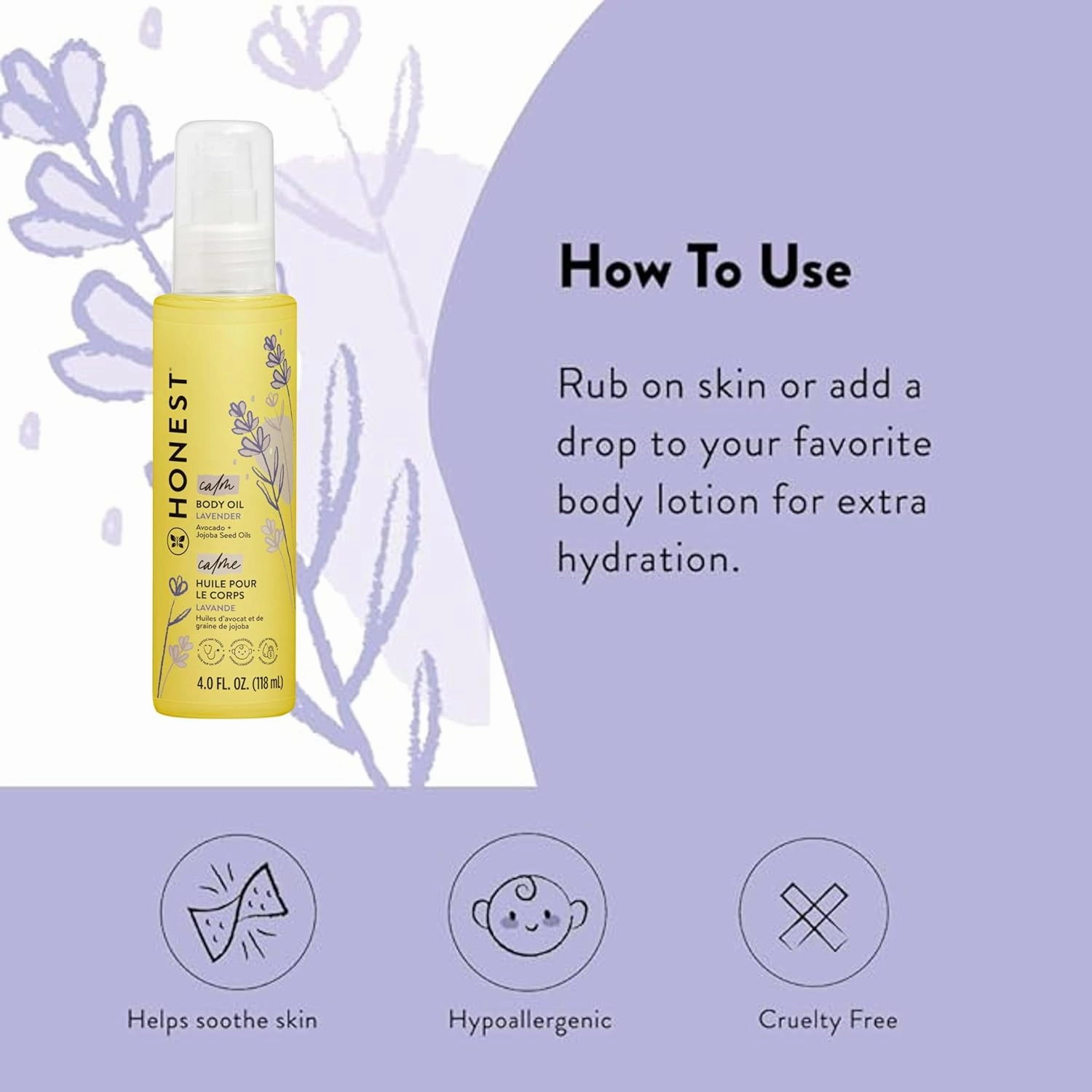 The Honest Company Lavender Infused Calming Body Oil | Moisturize, Nourish,   Soothe Baby's Skin | Plant-Based, Hypoallergenic, Vegan | 4.0 fl oz