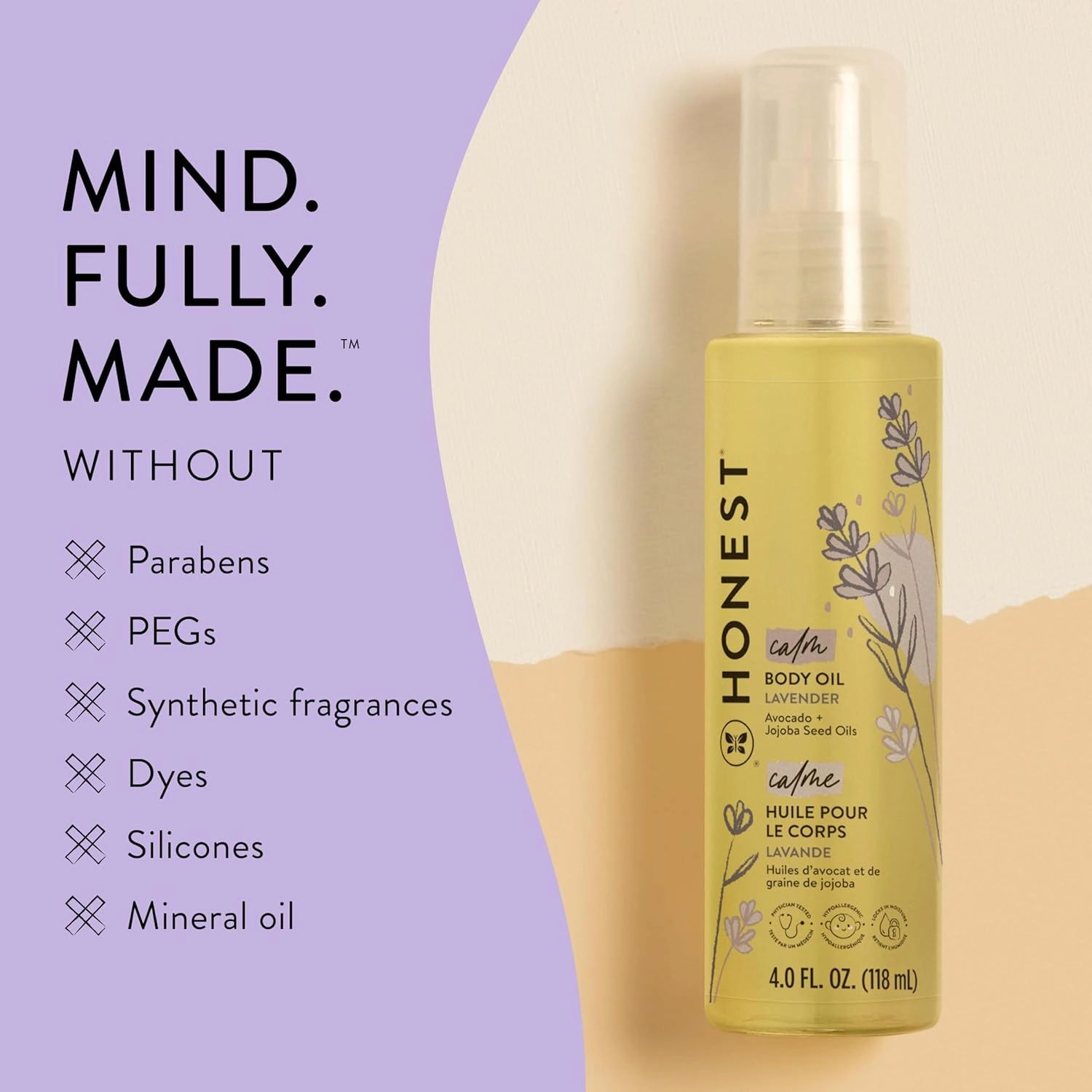 The Honest Company Lavender Infused Calming Body Oil | Moisturize, Nourish,   Soothe Baby's Skin | Plant-Based, Hypoallergenic, Vegan | 4.0 fl oz