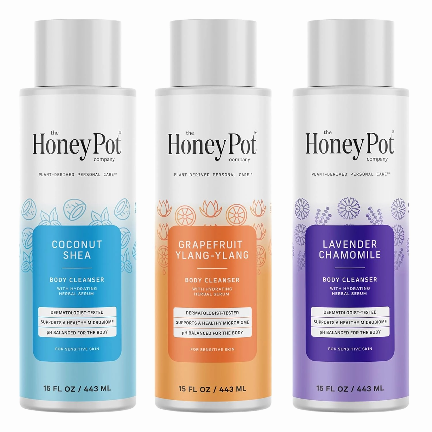 The Honey Pot Company - Body Cleanser - Variety Pack - Coconut Shea, Lavendar Chamomile, and Grapefruit Ylang Ylang