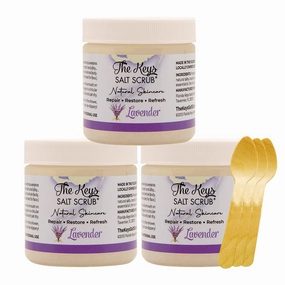 The Keys Salt Scrub - Lavender Sea Salt Scrub - Exfoliating Body Scrub with Wooden Spoon - Moisturizing Exfoliator for Face, Hands, Foot, Bath, Manicure/Pedicure & Bikini Area Skin Care (3pcs, 3.4oz)