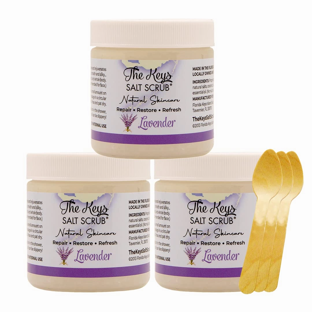 The Keys Salt Scrub - Lavender Sea Salt Scrub - Exfoliating Body Scrub with Wooden Spoon - Moisturizing Exfoliator for Face, Hands, Foot, Bath, Manicure/Pedicure & Bikini Area Skin Care (3pcs, 3.4oz)