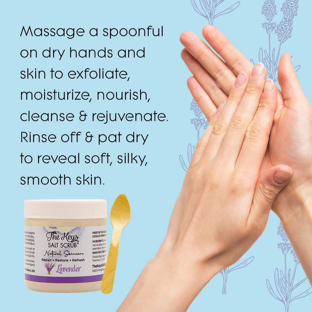 The Keys Salt Scrub - Lavender Sea Salt Scrub - Exfoliating Body Scrub with Wooden Spoon - Moisturizing Exfoliator for Face, Hands, Foot, Bath, Manicure/Pedicure & Bikini Area Skin Care (3pcs, 3.4oz)