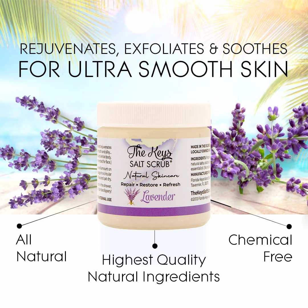 The Keys Salt Scrub - Lavender Sea Salt Scrub - Exfoliating Body Scrub with Wooden Spoon - Moisturizing Exfoliator for Face, Hands, Foot, Bath, Manicure/Pedicure & Bikini Area Skin Care (3pcs, 3.4oz)