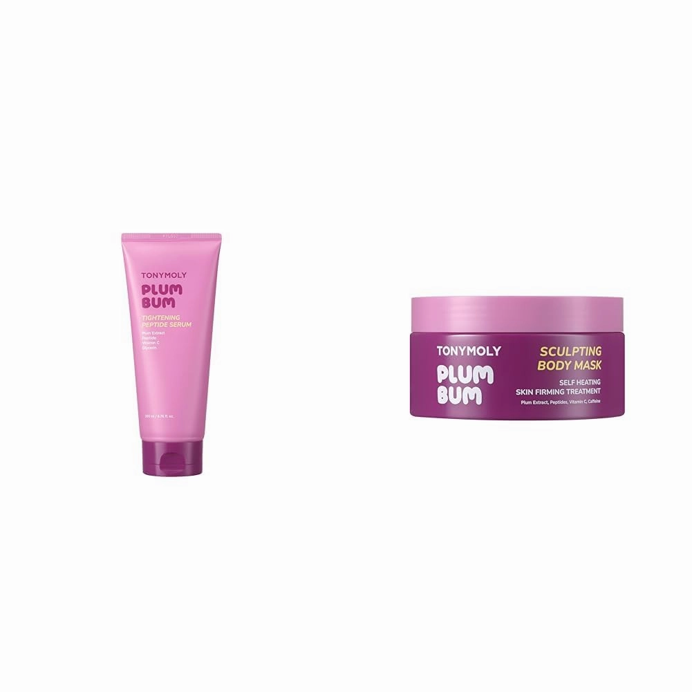 TONYMOLY Plum Bum Skincare Set - 6.76 fl oz Tightening Peptide Serum with Vitamin C & Self-Heating Body Sculpting Mask for Firming & Smoothing