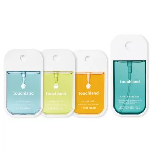 Touchland SUNLIT BURST SET, Power Mist Hydrating Hand Sanitizer Spray, (Citrus, Frosted Mint, Lemon Lime), 1 FL. OZ.   Sparkling Bergamot Body & Hair Fragrance Mist, 2 FL. OZ.,Travel Size Set