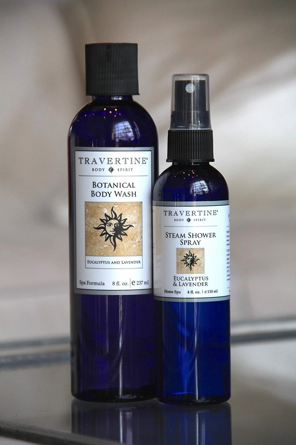 Travertine Extraordinary Shower Duo | Eucalyptus & Lavender Body Wash & 4 oz. Steam Shower Spray