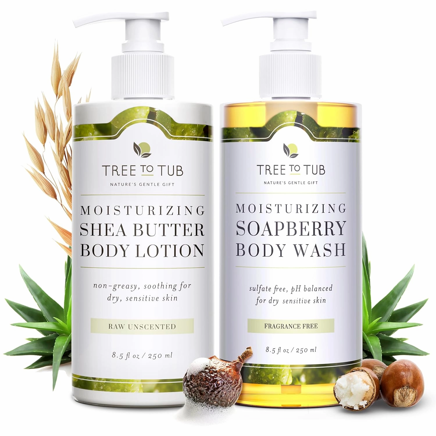 Tree to Tub Unscented Shea Butter Body Lotion for Dry Skin & Unscented Body Wash for Sensitive Skin - pH Balanced Fragrance Free Sensitive Lotion and Body Wash for Women & Men - Sulfate Free