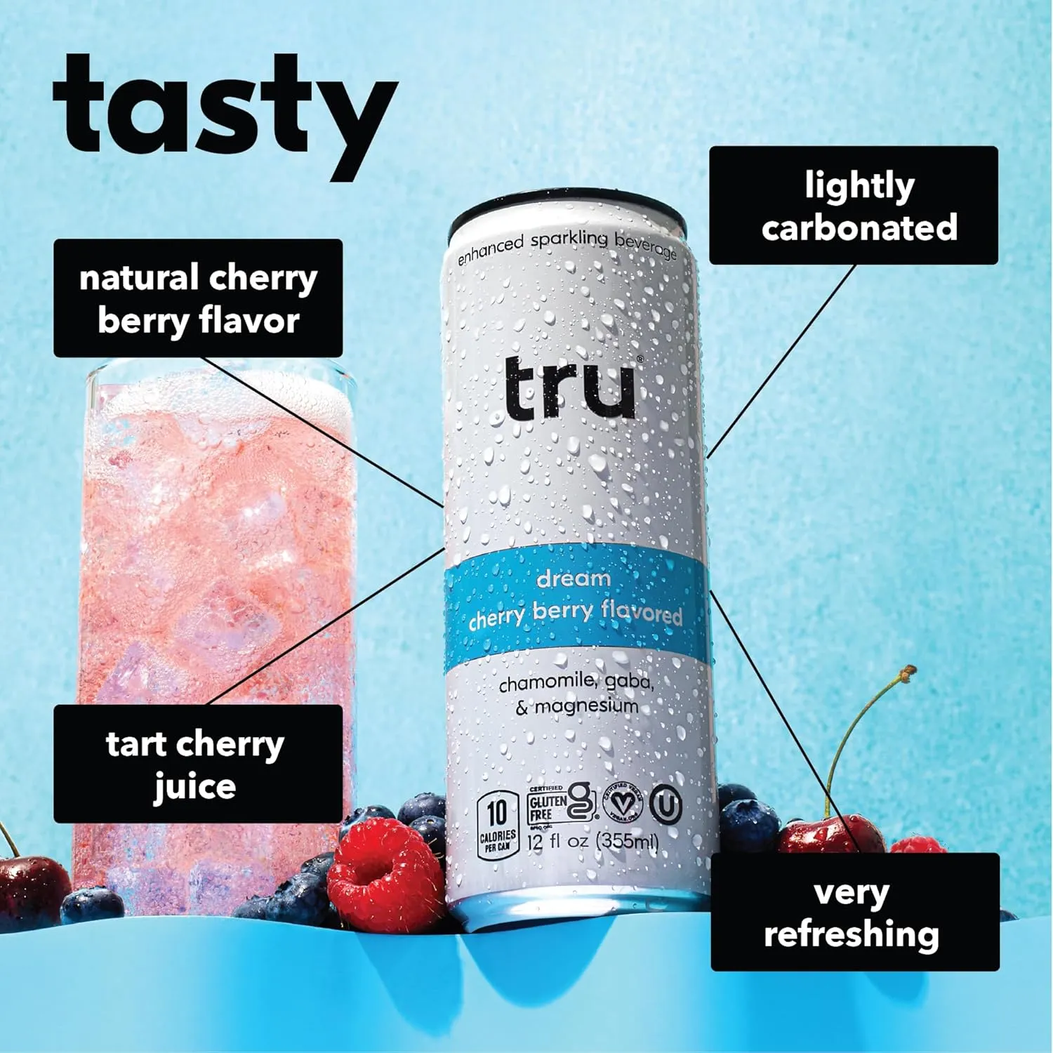 Tru Dream Seltzer, Calming Drink with Magnesium, GABA & Chamomile, Tart Cherry Flavor, Sparkling Water, Melatonin-Free, Kosher, Gluten-Free, Vegan, Low-Calorie, No Sugar Added, 12oz (Pack of 12)