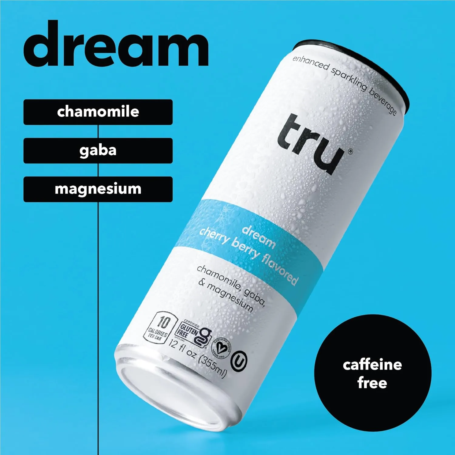 Tru Dream Seltzer, Calming Drink with Magnesium, GABA & Chamomile, Tart Cherry Flavor, Sparkling Water, Melatonin-Free, Kosher, Gluten-Free, Vegan, Low-Calorie, No Sugar Added, 12oz (Pack of 12)