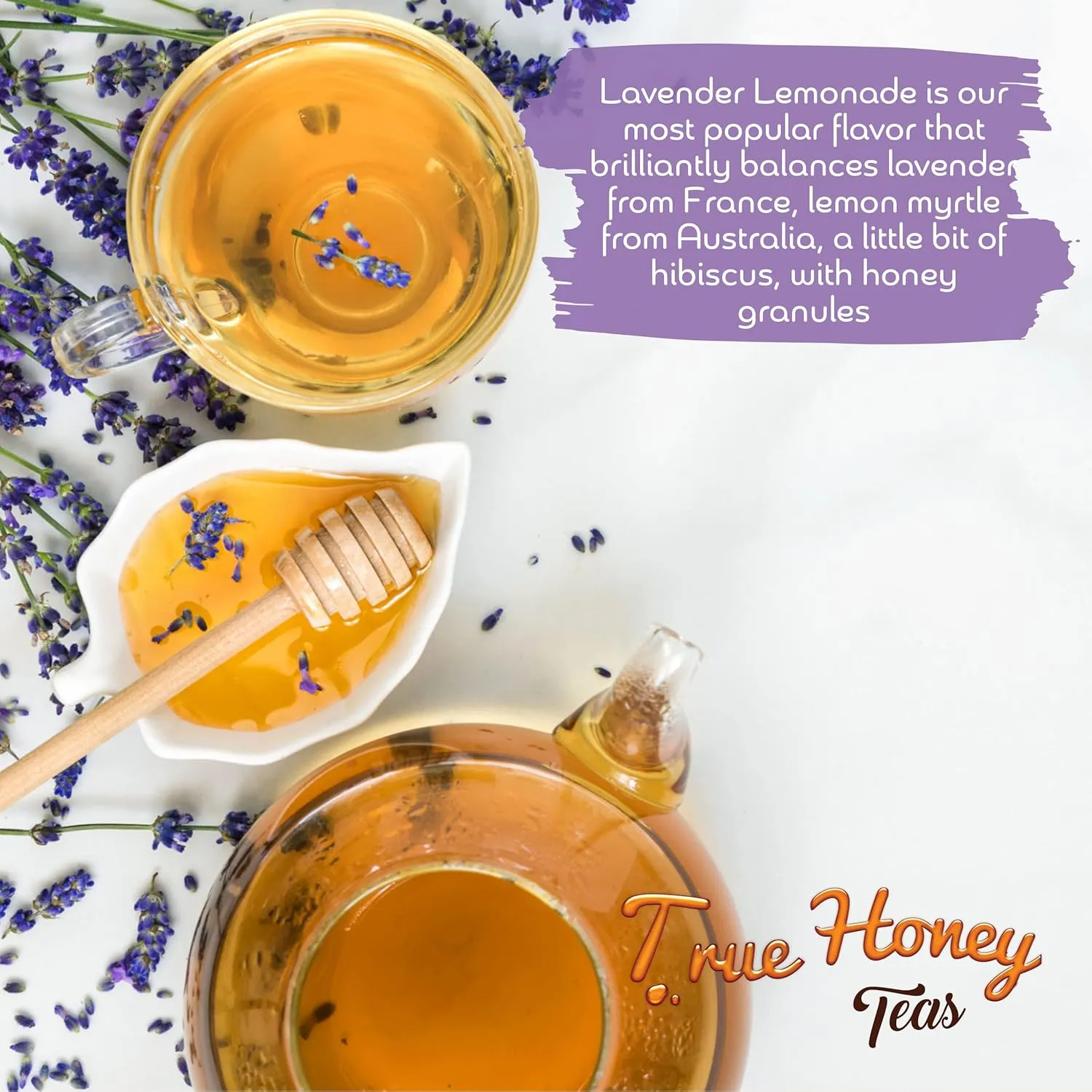 True Honey Lavender Lemonade Tea Bags - Tranquil Tea for Sleep, Stress Relief and Calm - All Natural Organic Lemon Myrtle Herbal Caffeine-Free Blended with Honey Crystals - 24 Count