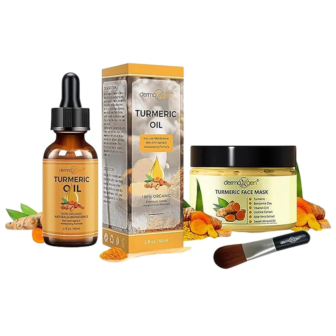 Turmeric Oil with Organic Face Mask Bundle – Hydrating Moisturizer for Acne, Dark Spots, Anti-Aging & Skin Glow   Detox Clay Mask for Clear Skin, Pore Cleansing & Acne Scars (2 FL OZ   5.29 FL O