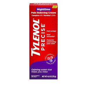 Tylenol Precise Nighttime Pain Relieving Cream, Topical Relief with 4% Camphor & 1.25% Menthol for Fast Acting & Penetrating Joint & Muscle Pain Relief, Calming Scent for Relaxation, 4 oz