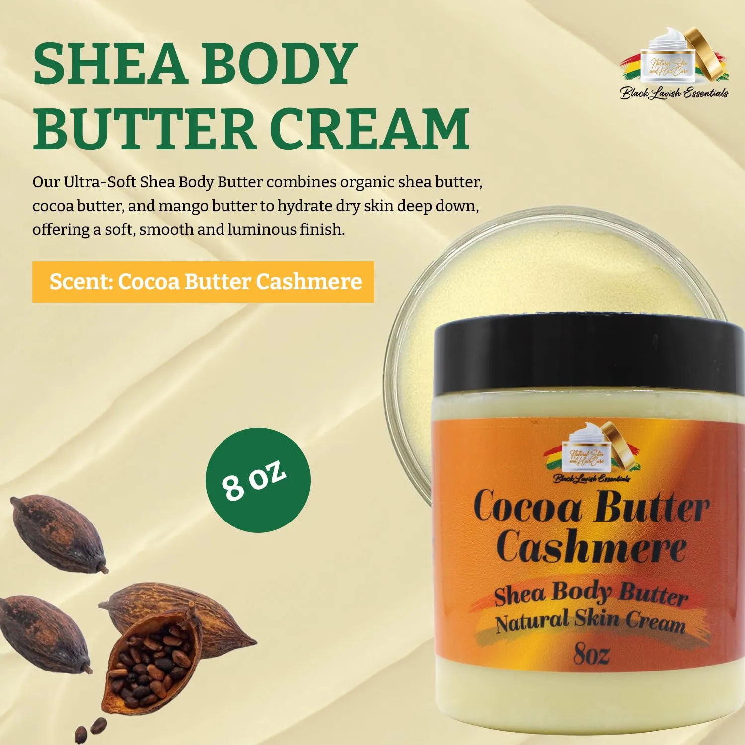 Ultra Soft Shea Body Butter Cream, Natural Hydrating Body Cream with Cocoa Butter, Mango Butter, Aloe Vera, Argan, Rosehip Oil, Moisturized Skin, Suits All Types, Cocoa Butter Cashmere 8oz