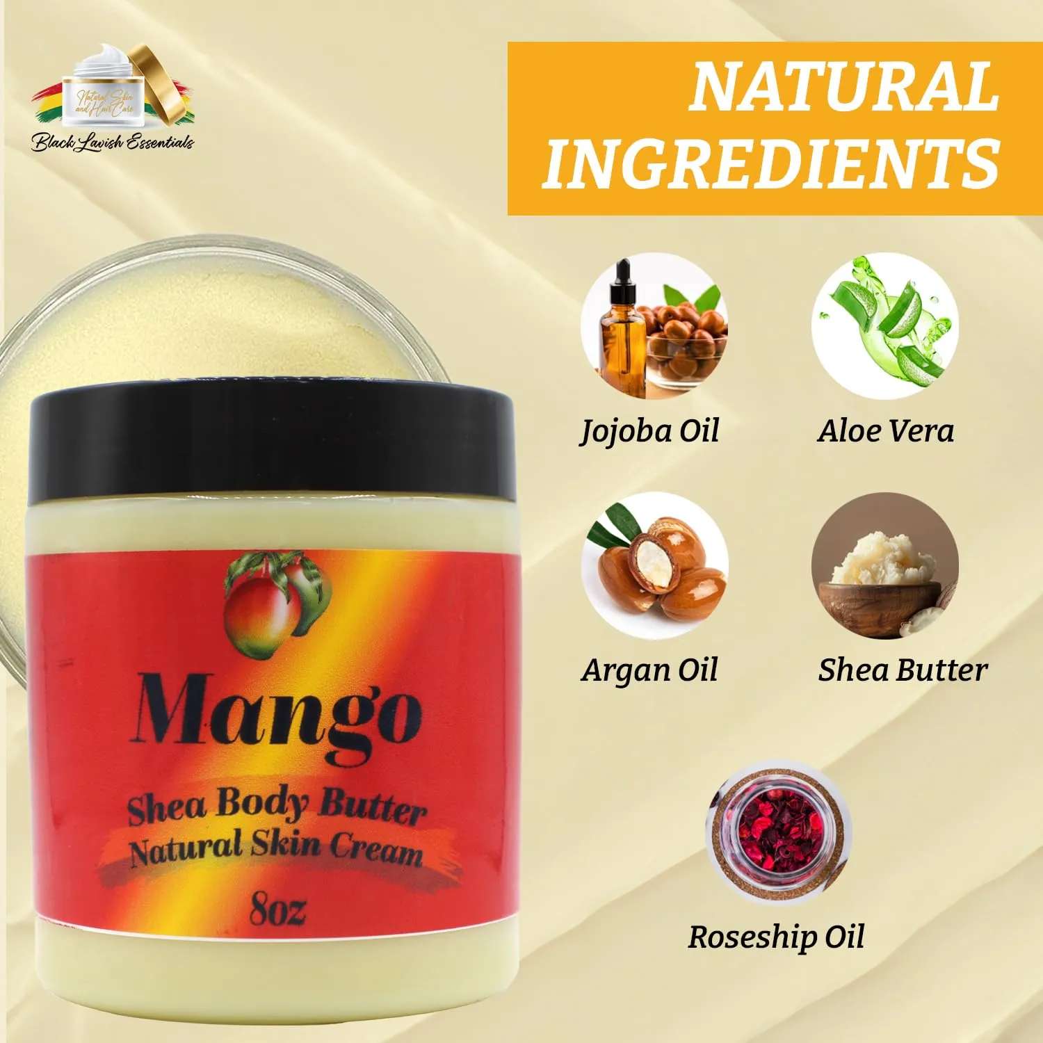 Ultra-Soft Shea Body Butter, Dry Skin Cream for Radiant Moisturized Skin, Natural Hydrating Body Lotion with Aloe Vera, Argan Oil, Rosehip Oil, (Mango, 8oz)