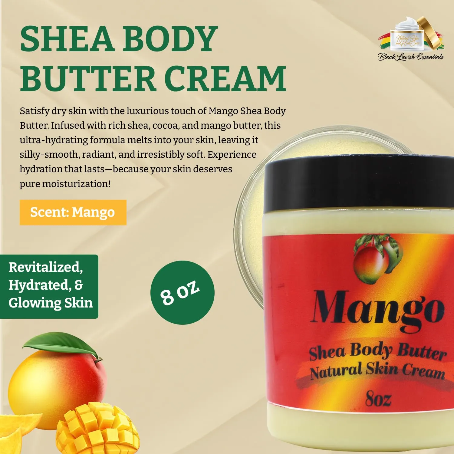 Ultra-Soft Shea Body Butter, Dry Skin Cream for Radiant Moisturized Skin, Natural Hydrating Body Lotion with Aloe Vera, Argan Oil, Rosehip Oil, (Mango, 8oz)