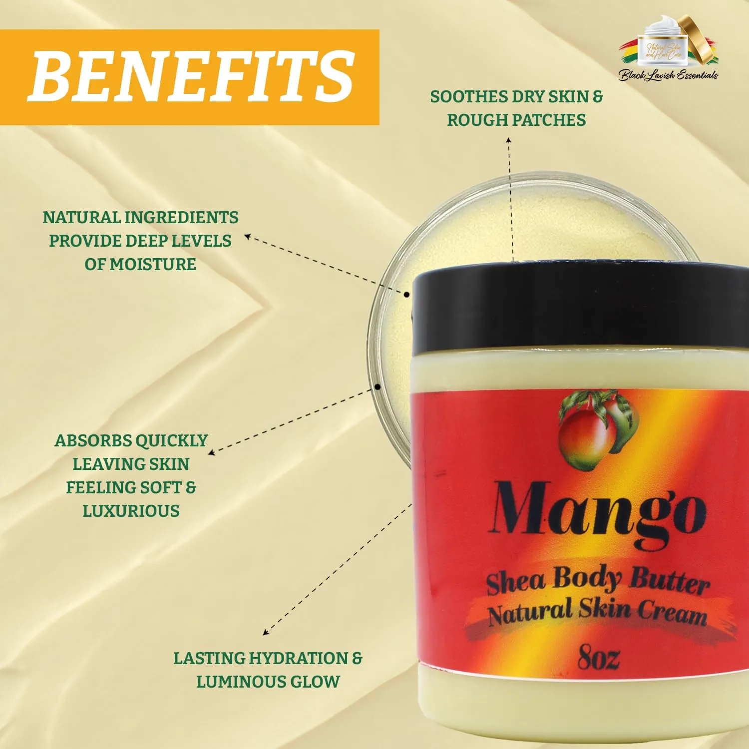 Ultra-Soft Shea Body Butter, Dry Skin Cream for Radiant Moisturized Skin, Natural Hydrating Body Lotion with Aloe Vera, Argan Oil, Rosehip Oil, (Mango, 8oz)