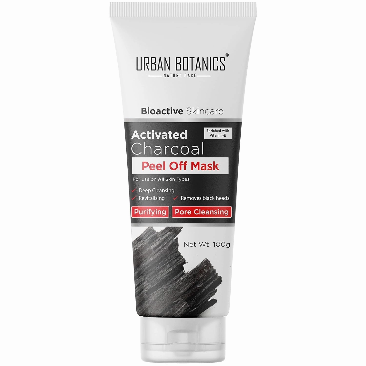 Urban.Botanics Activated Charcoal Peel Of Mask For Men & Women with Vitamin E for Deep Pore Cleansing, Removing Blackheads and Whiteheads & Fresh Glowing Skin, No Parabens & Sulphates, 100g