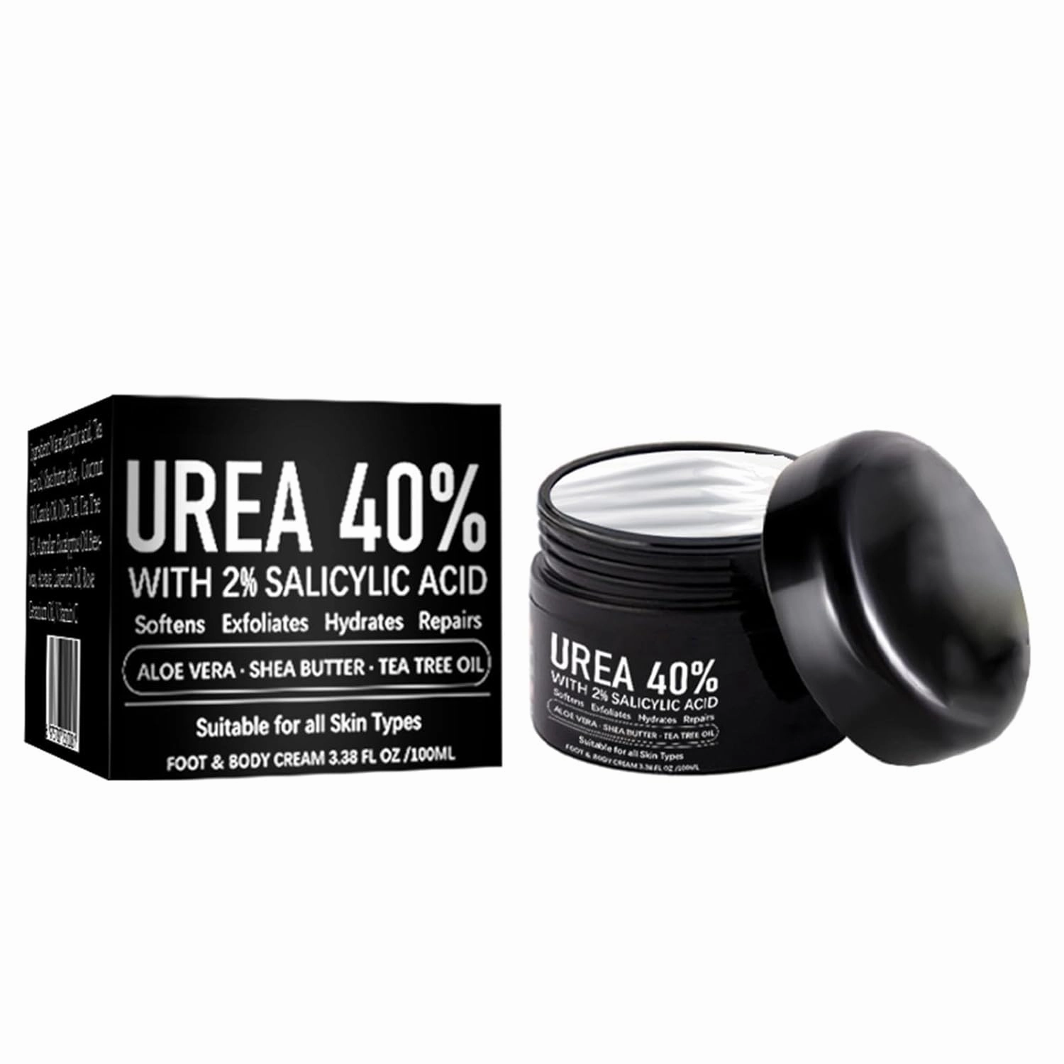 Urea Cream 40% Plus 2% Salicylic Acid, Foot and Hand Moisturizing Cream for Dry Cracked Heels, Callus & Dead Skin Remover, Hydrating Exfoliating Cream with Aloe, Tea Tree, and Hyaluronic Acid