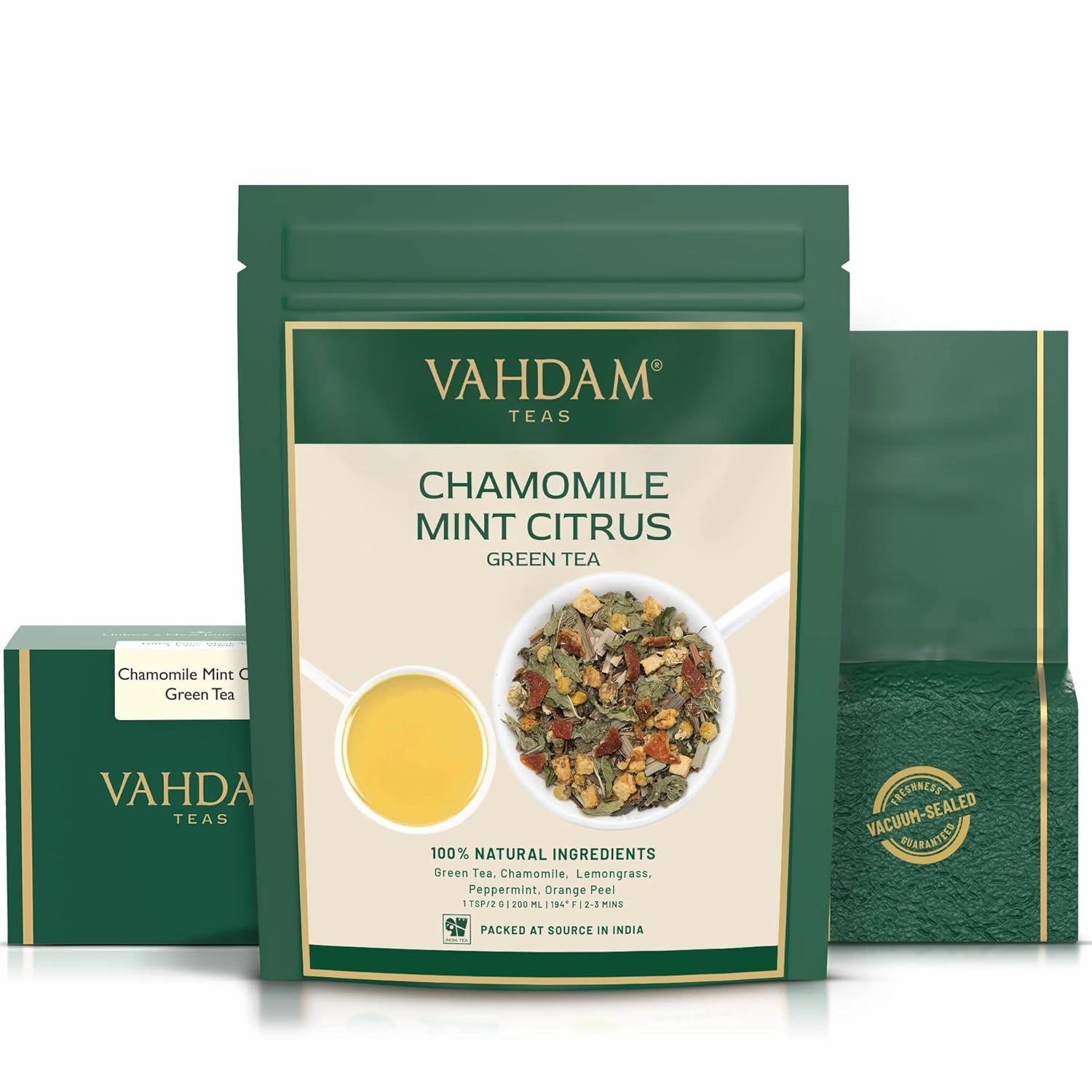 VAHDAM, Chamomile Mint Citrus Green Tea Leaves (50  Cups, 3.5 oz) Essential Herbs | Green Tea Leaves, Chamomile, Peppermint, Spearmint, Orange Peels, Lemongrass | High Elevation Grown | Vacuum Sealed