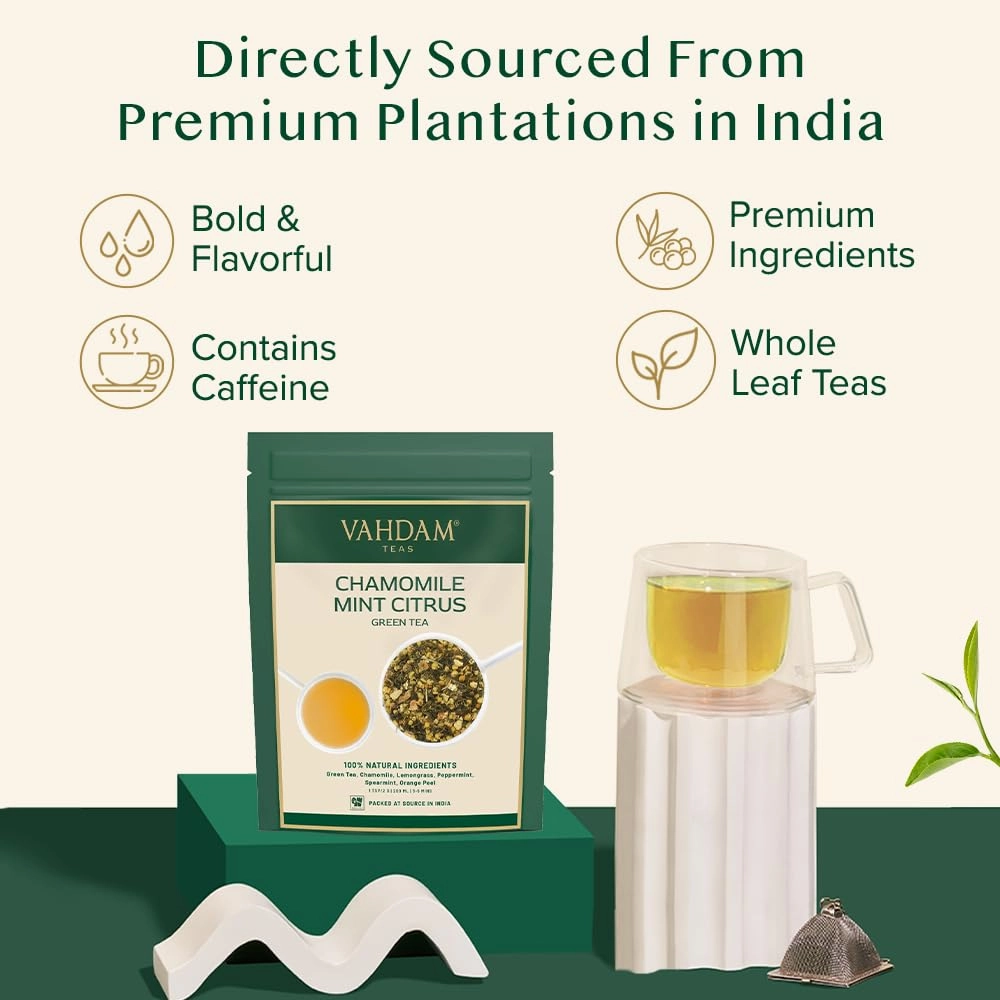 VAHDAM, Chamomile Mint Citrus Green Tea Leaves (50  Cups, 3.5 oz) Essential Herbs | Green Tea Leaves, Chamomile, Peppermint, Spearmint, Orange Peels, Lemongrass | High Elevation Grown | Vacuum Sealed