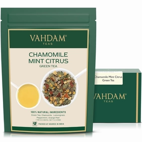 VAHDAM, Chamomile Mint Citrus Green Tea Leaves (50  Cups, 3.5 oz) Essential Herbs | Green Tea Leaves, Chamomile, Peppermint, Spearmint, Orange Peels, Lemongrass | High Elevation Grown | Vacuum Sealed