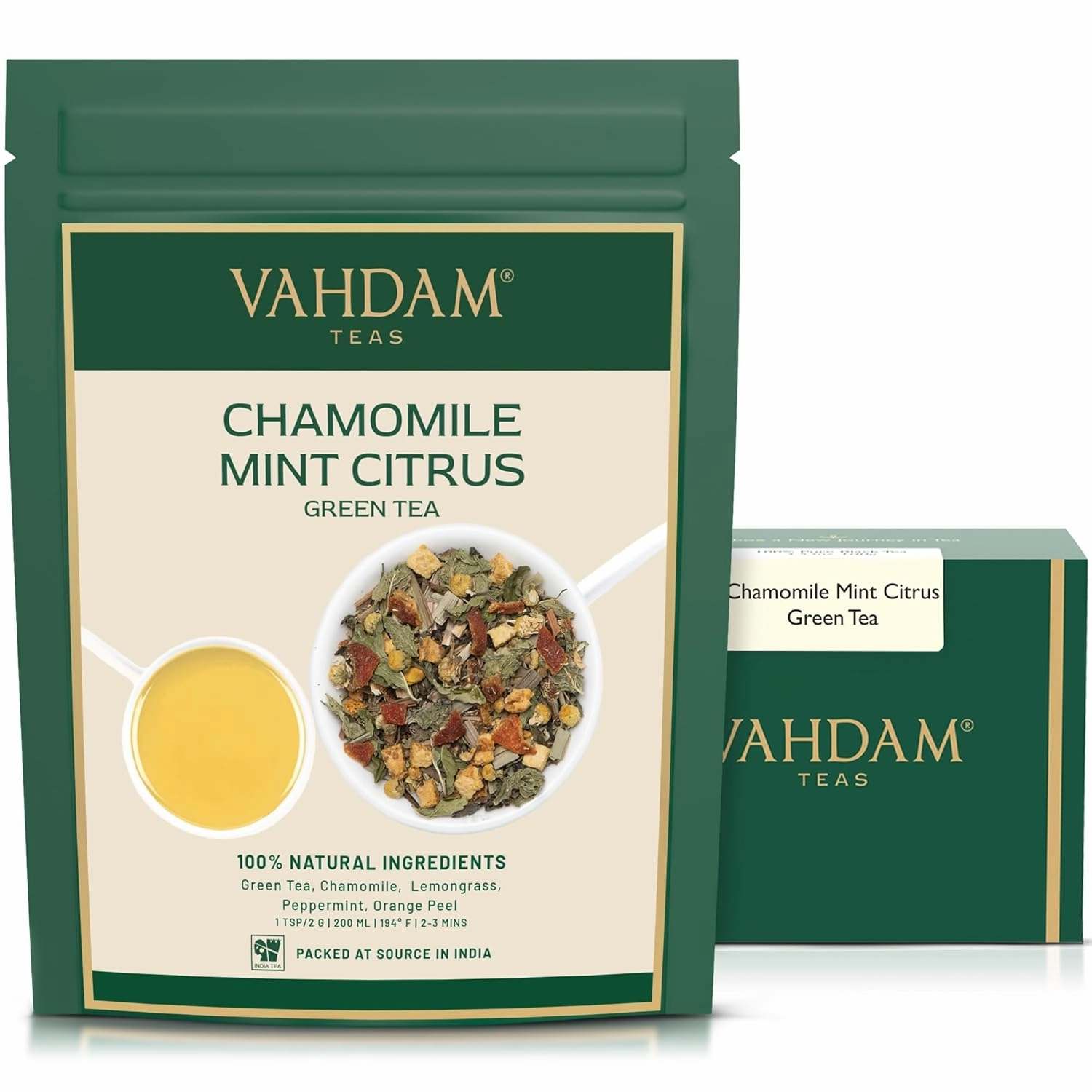 VAHDAM, Chamomile Mint Citrus Green Tea Leaves (50  Cups, 3.5 oz) Essential Herbs | Green Tea Leaves, Chamomile, Peppermint, Spearmint, Orange Peels, Lemongrass | High Elevation Grown | Vacuum Sealed