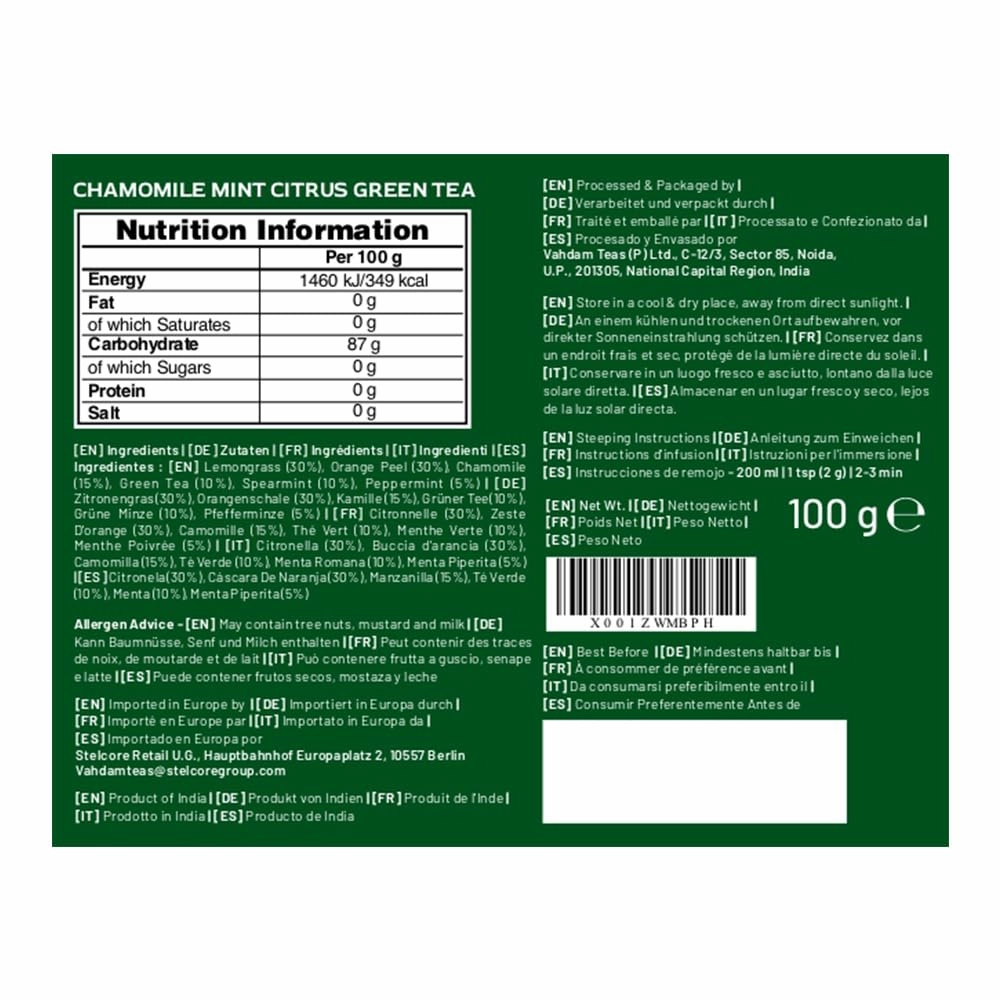 VAHDAM, Chamomile Mint Citrus Green Tea Leaves (50  Cups, 3.5 oz) Essential Herbs | Green Tea Leaves, Chamomile, Peppermint, Spearmint, Orange Peels, Lemongrass | High Elevation Grown | Vacuum Sealed