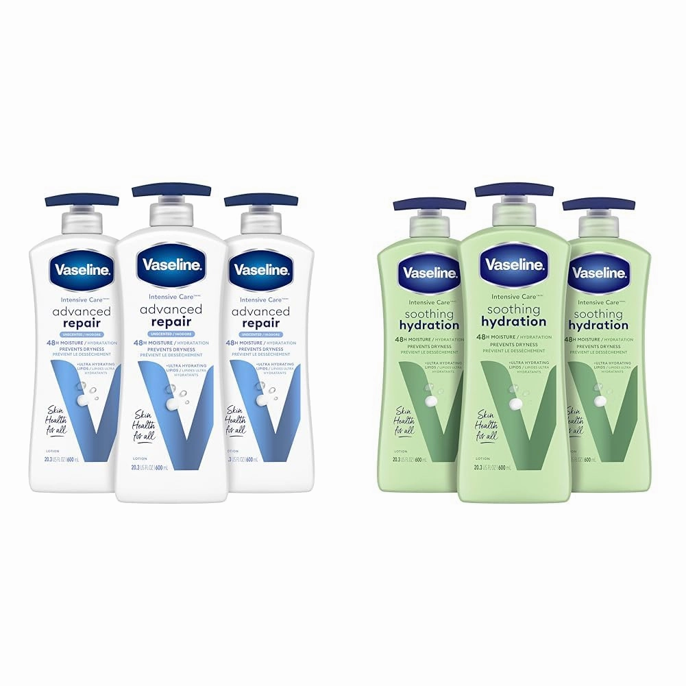Vaseline Intensive Care Body Lotion for Dry Skin Advanced Repair Unscented Lotion 20.3 oz & Intensive Care Body Lotion for Dry Skin Soothing Hydration Lotion Made with Ultra-Hydrating Lipids20.3 oz