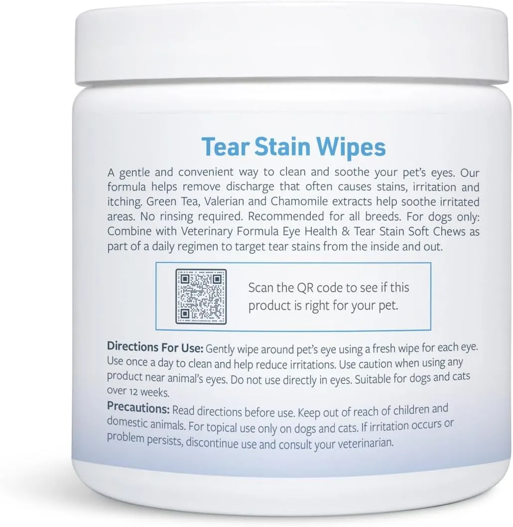 Veterinary Formula Smart Coat Complex Tear Stain Wipes for Dogs & Cats, 100 ct – Gently Wipe Away Debris and Clean Stains Around The Eyes of Pets, Fragrance-Free and Pre-Saturated