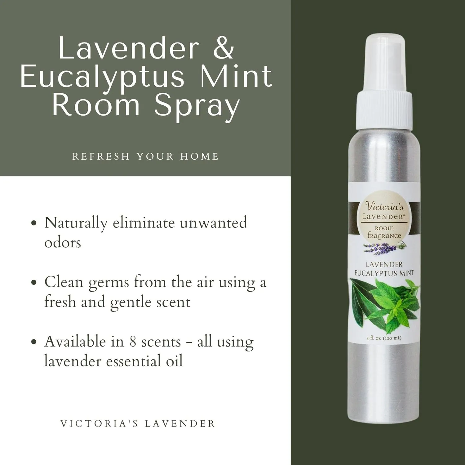 Victoria's Lavender Room Spray - All-Natural Home Fragrance, Pure Essential Oil Air Freshener & Odor Eliminator, Calming & Relaxing Scent, Household Essentials, 2pk Lavender Eucalyptus Mint, 4oz each