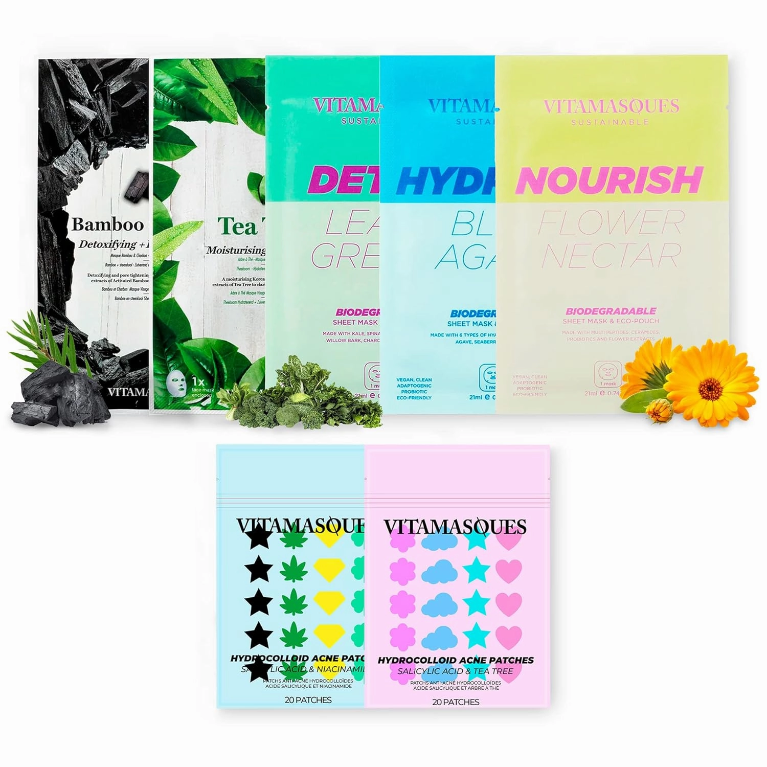 Vitamasques 2-in-1 Crystal Clear Face Mask, 3-Pack - Ruby Peel-Off Facial & Amethyst Mud Mask - Deep Cleansing, Moisturizing, Hydrating & Relaxing Korean Skin Care Acne Patches
