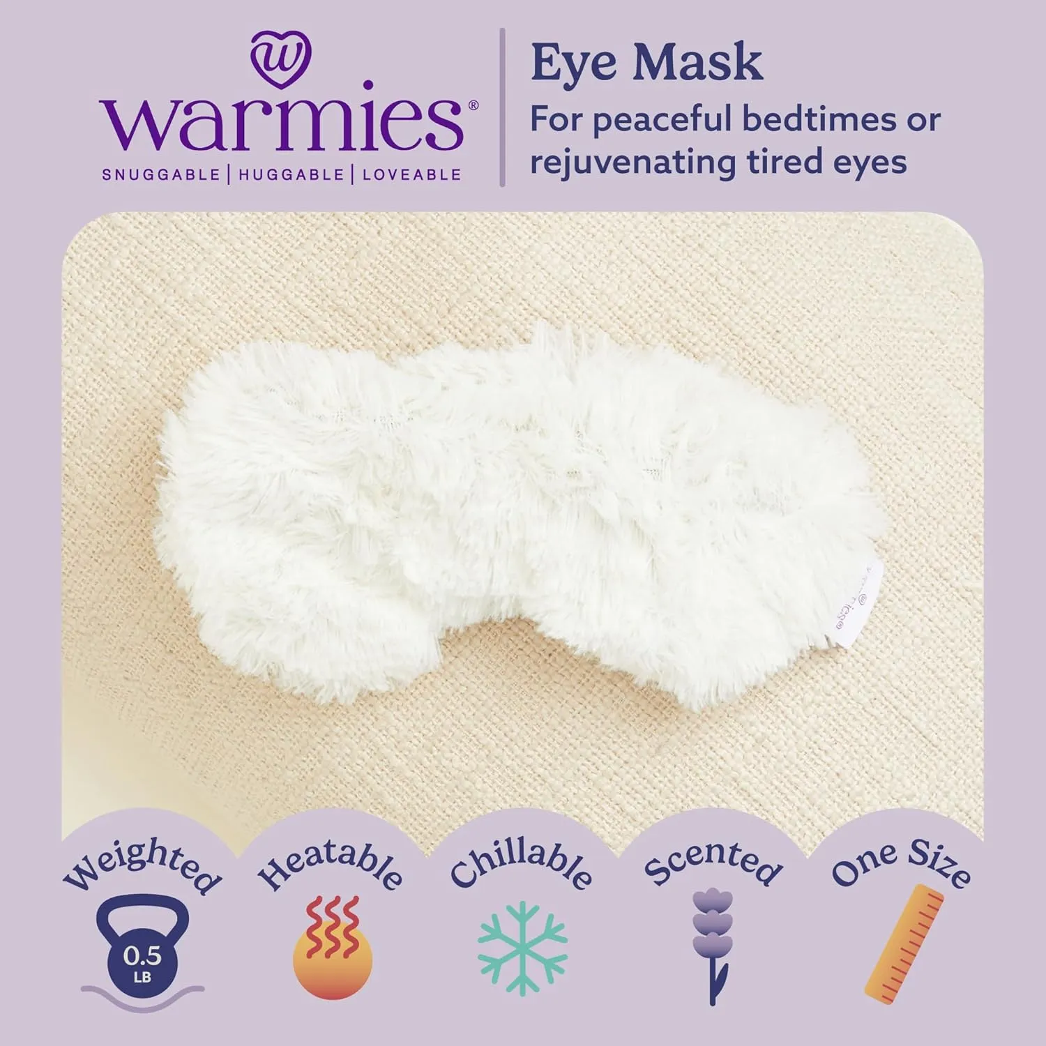 warmies Microwavable Eye Mask for Warmth & Comfort - Heating & Cooling Compress for Calming Relaxation - Weighted & Heated Eye Mask with Scented Lavender for Sleeping - Cream