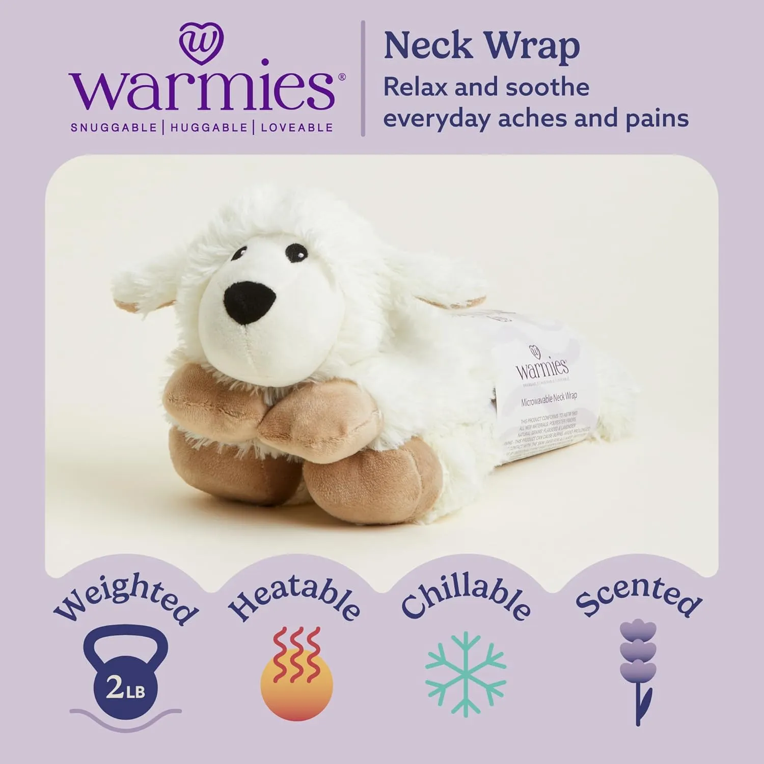 warmies Microwavable Neck & Shoulder Wrap - Heating & Cooling Plush Pad for Calming Relaxation - Weighted & Heated Neck Warmer with Scented Lavender - Microwave Heat Pad for Aches & Pain - Sheep