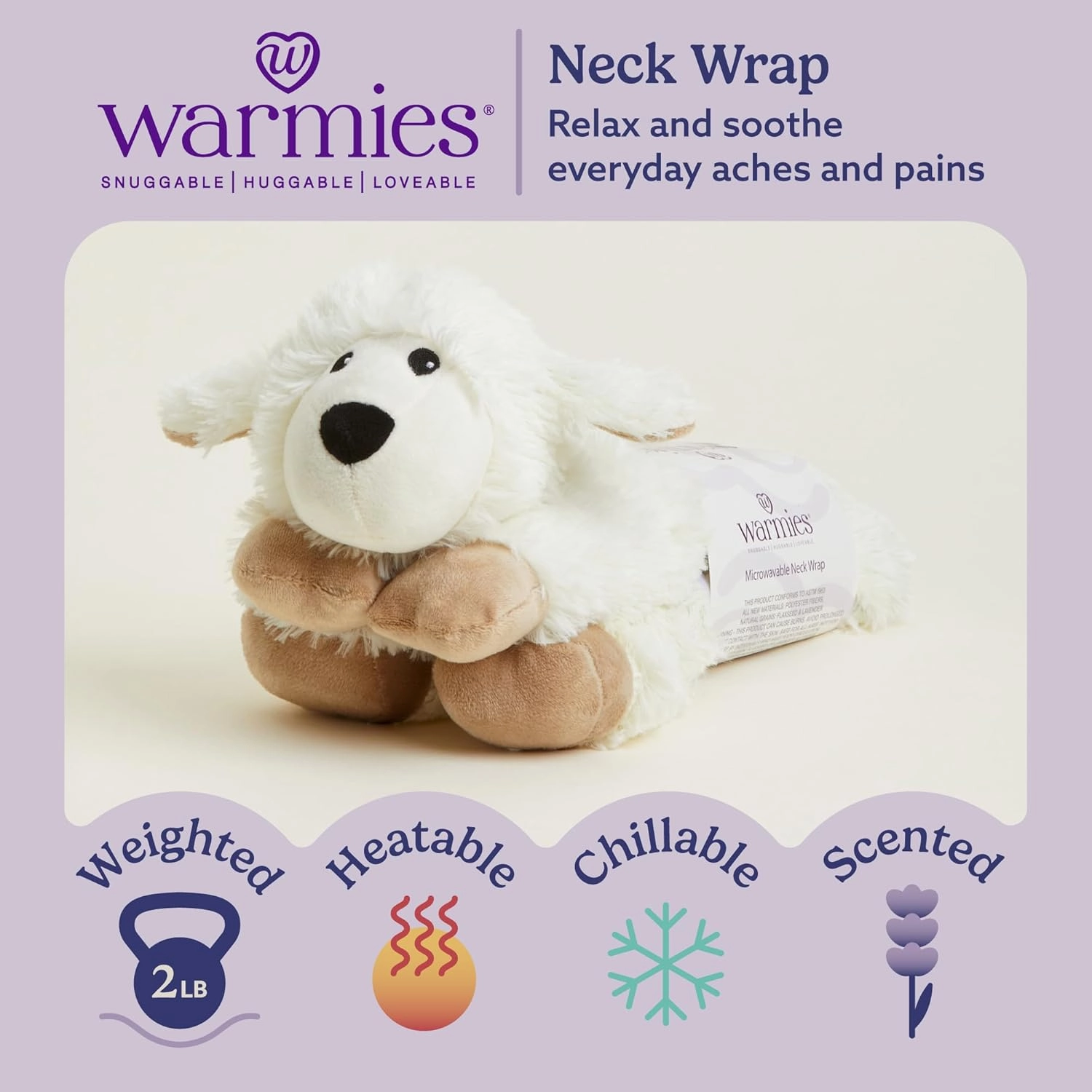warmies Microwavable Neck & Shoulder Wrap - Heating & Cooling Plush Pad for Calming Relaxation - Weighted & Heated Neck Warmer with Scented Lavender - Microwave Heat Pad for Aches & Pain - Sheep