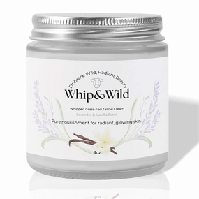 Whip & Wild Grass Fed Beef Tallow Cream for Face & Body – Whipped Moisturizer for Sensitive Skin, Dry Skin Relief – Organic, Non-Greasy, Lavender Vanilla Scent – 4oz