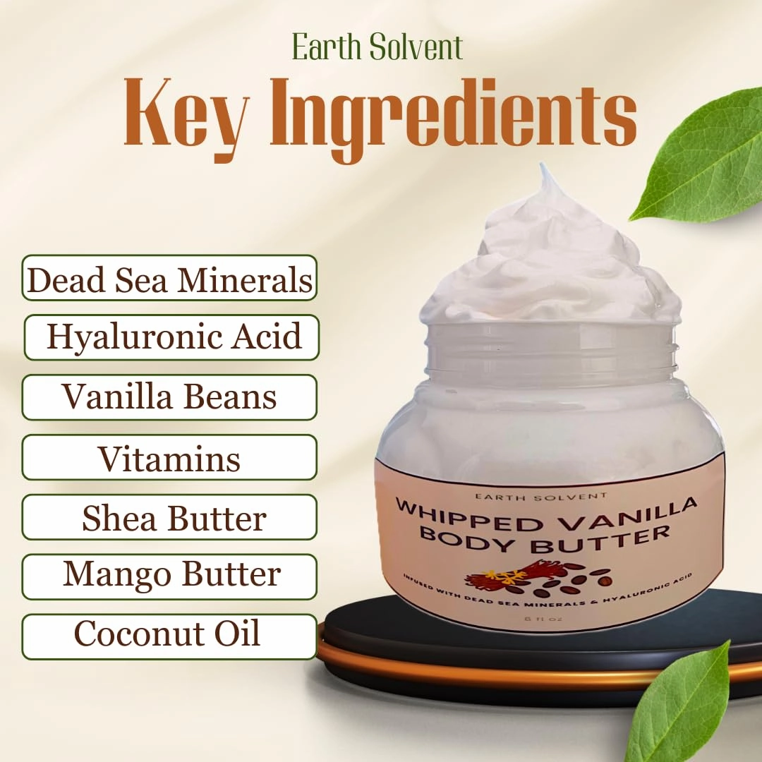Whipped Vanilla Body Butter Infused with Dead Sea Minerals & Hyaluronic Acid | Whipped Shea Butter   Mango Butter Super Hydrating Repairing & Moisturizing (8oz, Vanilla)