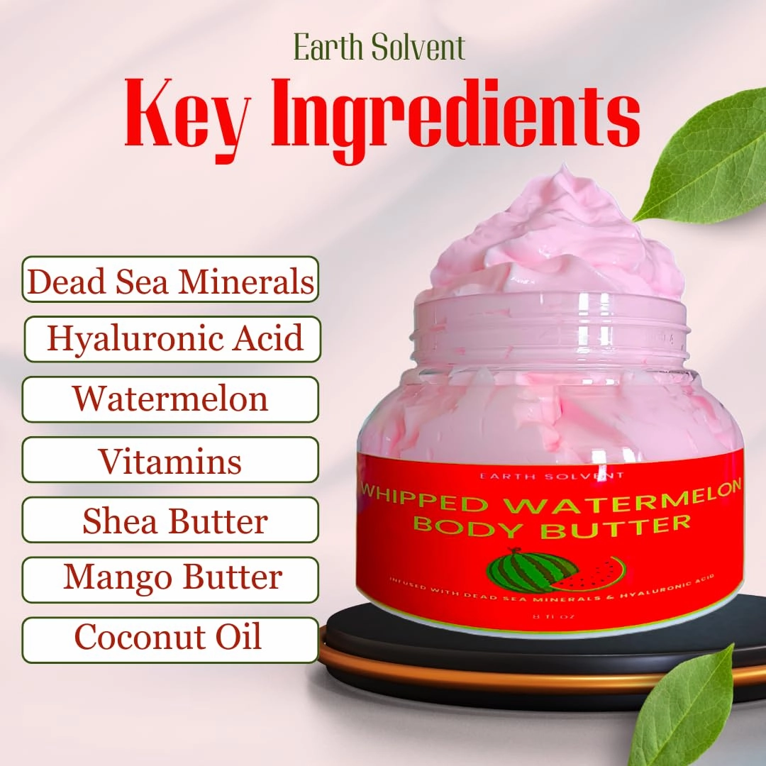 Whipped Watermelon Body Butter Infused with Dead Sea Minerals & Hyaluronic Acid | Whipped Shea Butter   Mango Butter Super Hydrating Repairing & Moisturizing (8 fl, Watermelon)