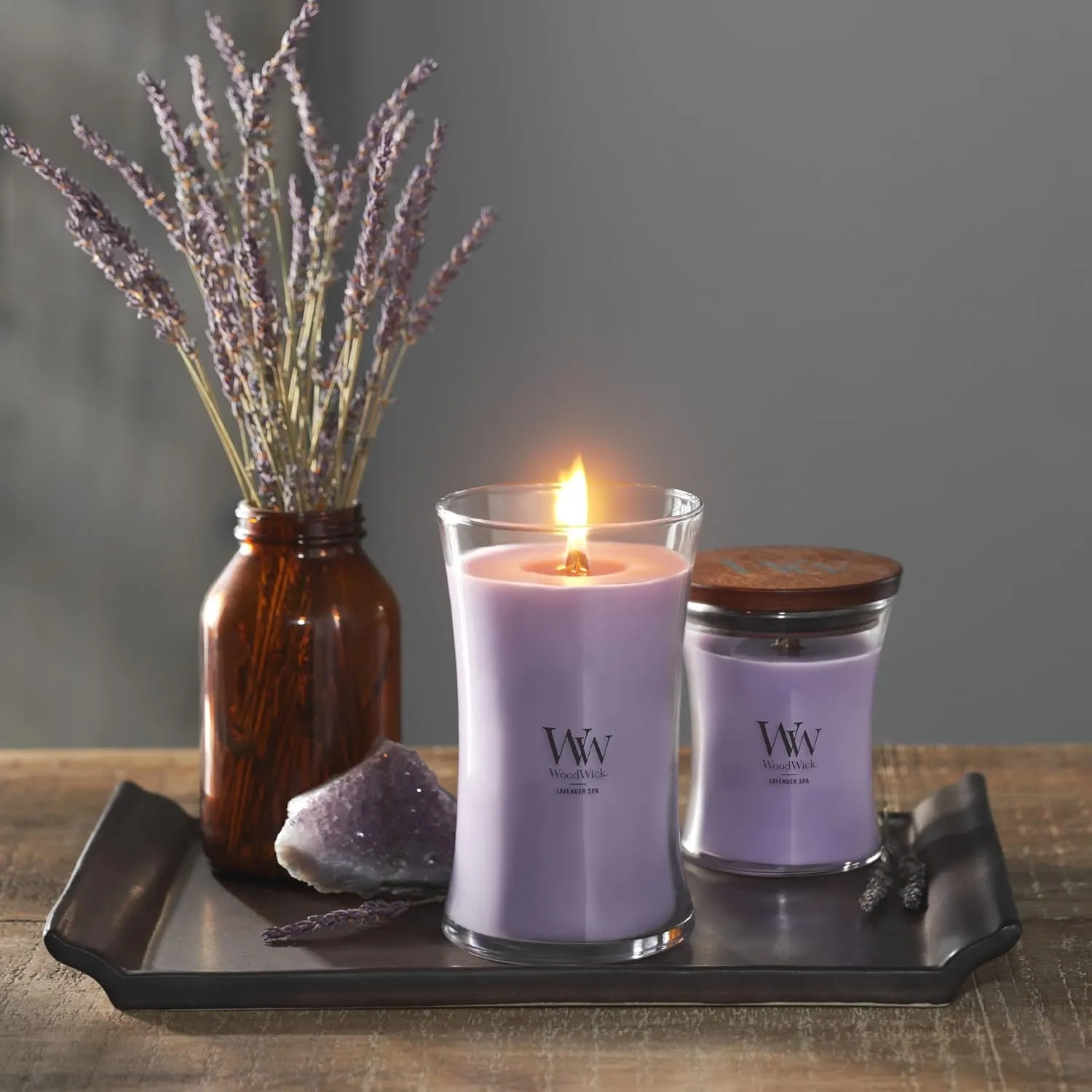 WoodWick Large Hourglass Candle, Lavender Spa Scented, Premium Soy Blend, Crackles as it Burns, Perfect for Gifting, 21oz