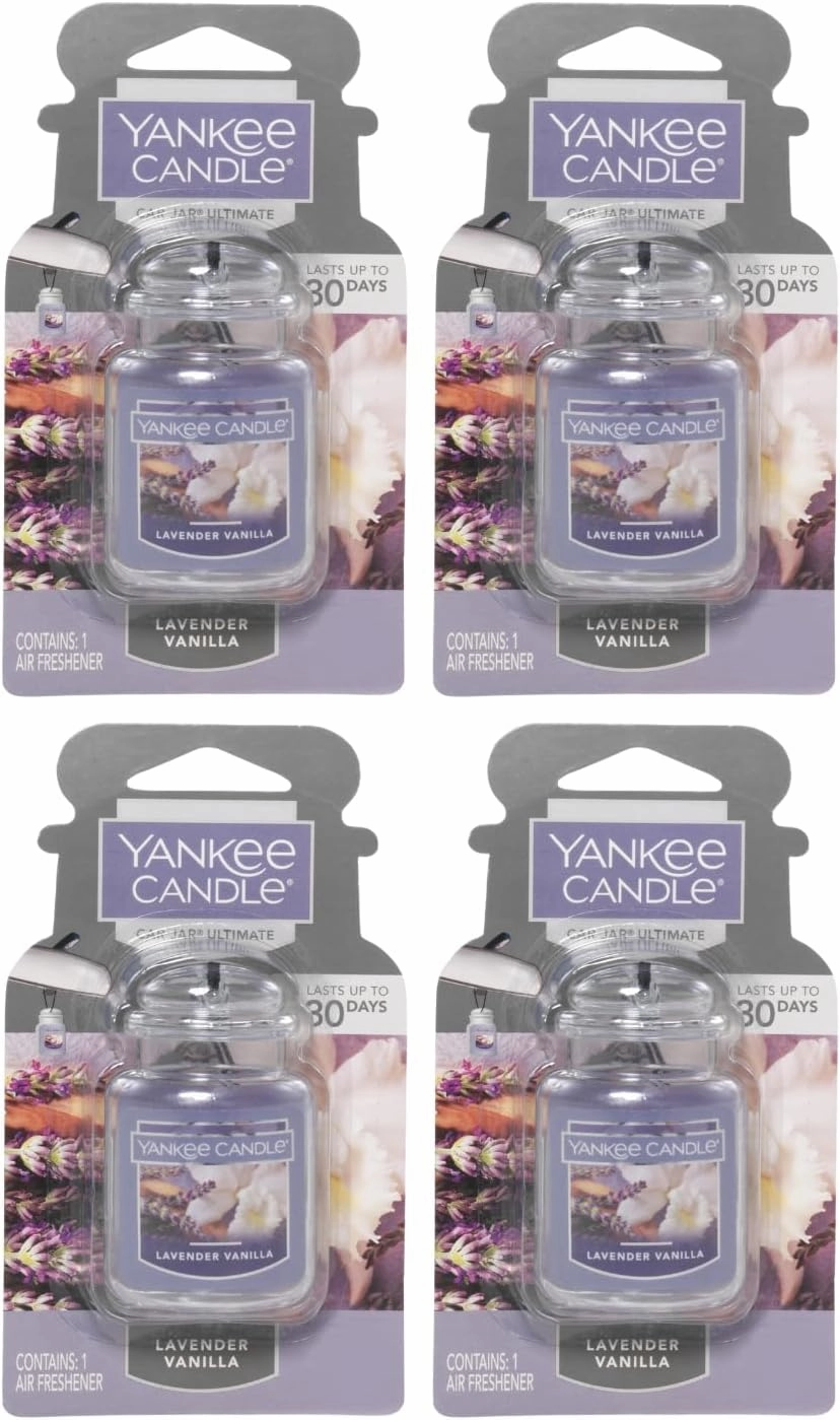 Yankee Candle Car Air Fresheners, Hanging Car Jar Ultimate, Neutralizes Odors Up To 30 Days, Lavender Vanilla, 0.96 OZ (Pack of 4)