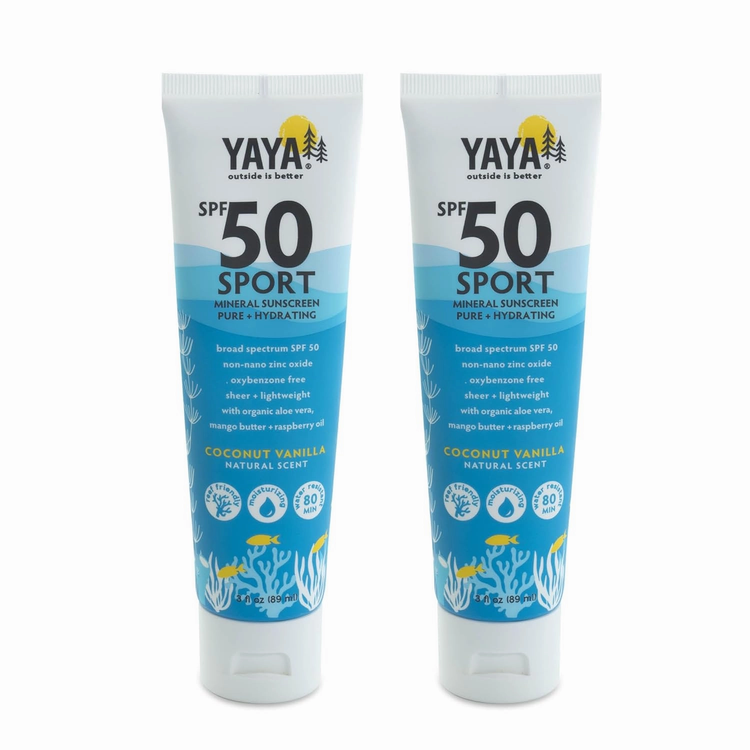 YAYA ORGANICS Sport Mineral Sunscreen Lotion, SPF 50, Reef-Friendly, Non-Nano Zinc Oxide, Water-Resistant, Pure   Hydrating, 3 oz, 2-pack