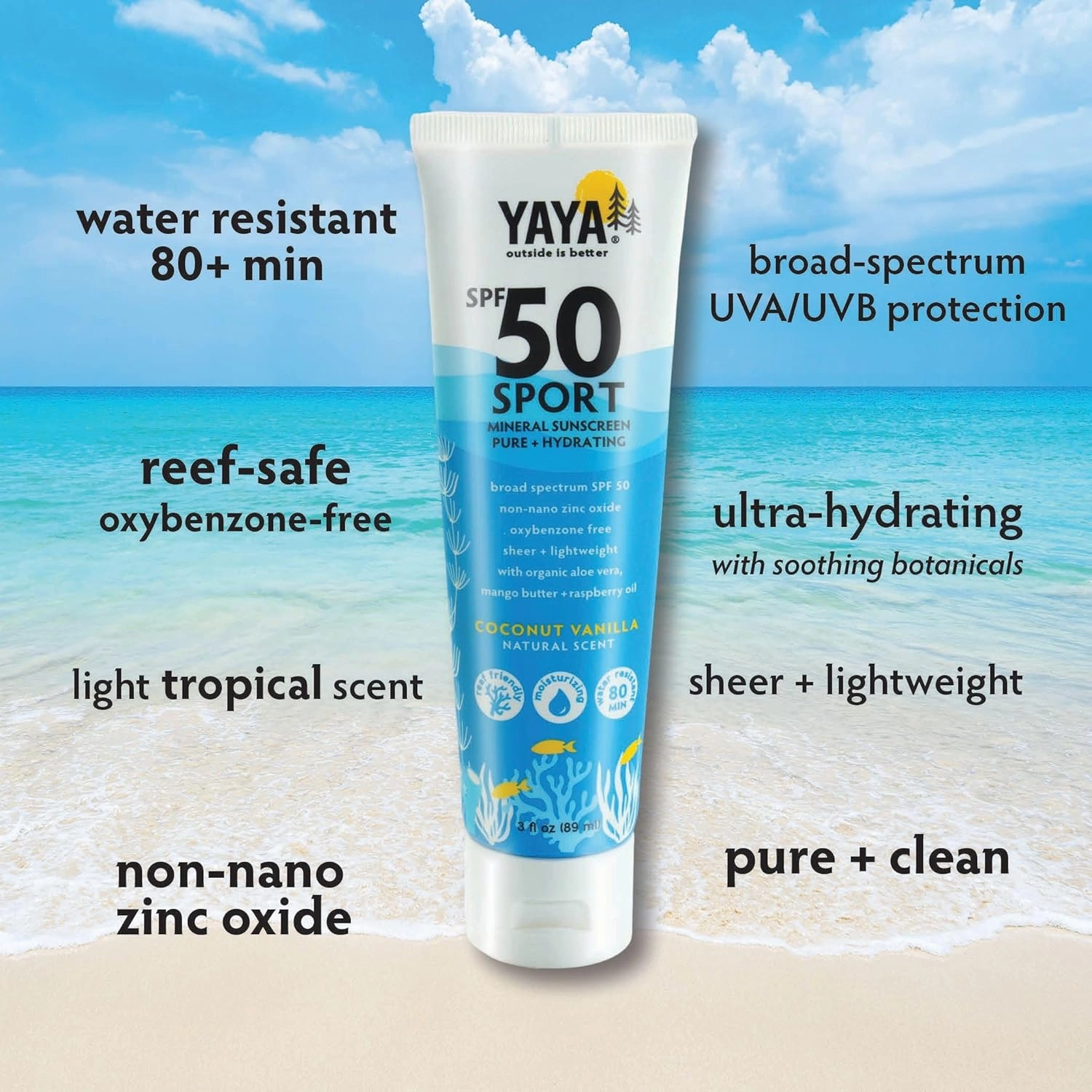 YAYA ORGANICS Sport Mineral Sunscreen Lotion, SPF 50, Reef-Friendly, Non-Nano Zinc Oxide, Water-Resistant, Pure   Hydrating, 3 oz, 2-pack