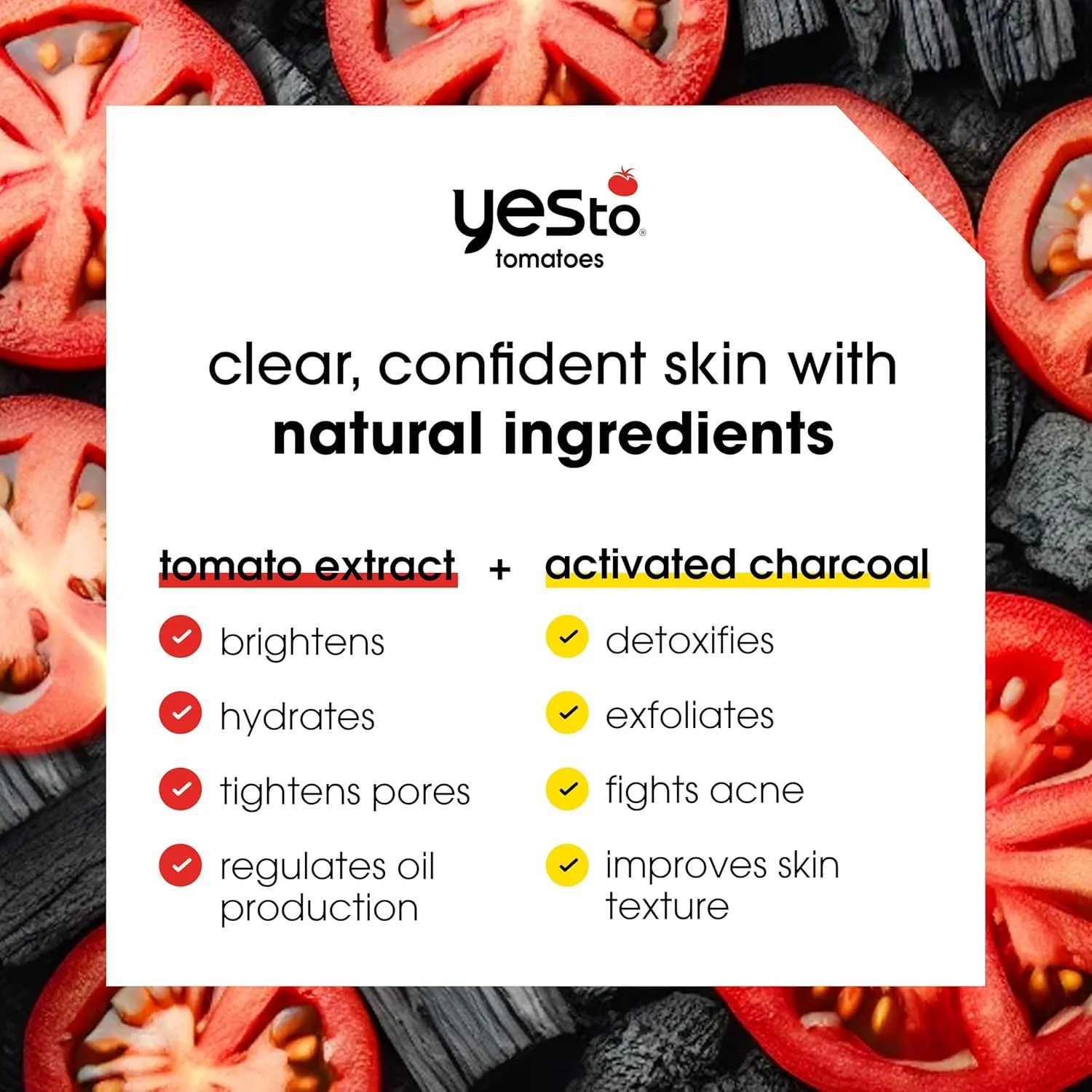 Yes To Tomatoes Charcoal Bar Soap with Tomato Extracts & Sunflower Seed Oil - Detoxifying Face & Body Soap for Men, Women, and Teens, 7 oz - Paraben-Free