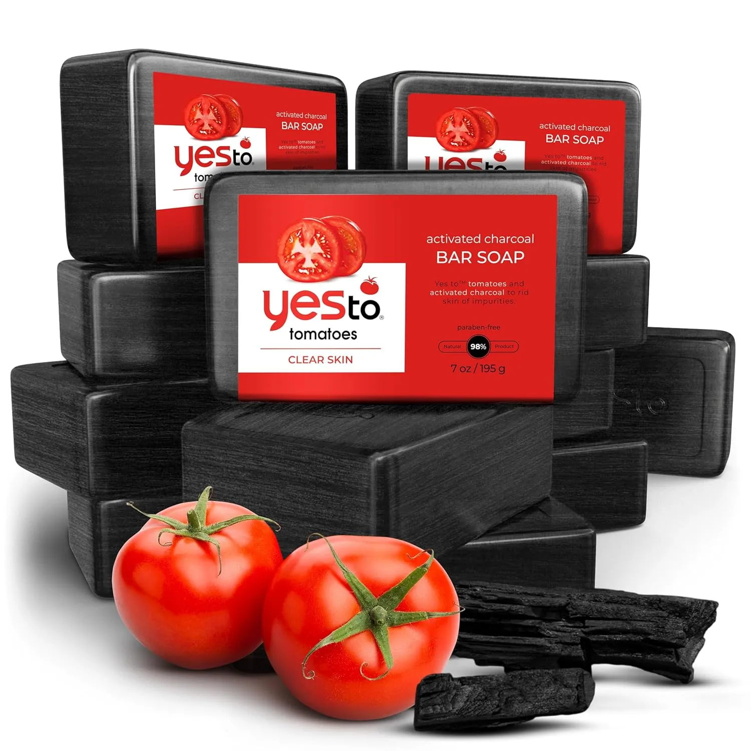 Yes To Tomatoes Charcoal Bar Soap with Tomato Extracts & Sunflower Seed Oil - Detoxifying Face & Body Soap for Men, Women, and Teens, 7 oz - Paraben-Free