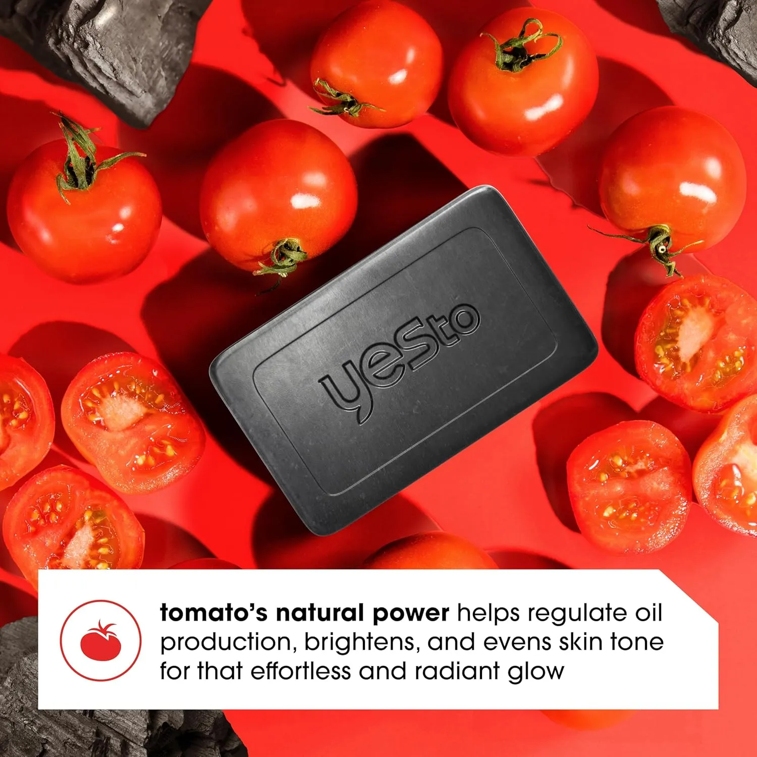 Yes To Tomatoes Charcoal Bar Soap with Tomato Extracts & Sunflower Seed Oil - Detoxifying Face & Body Soap for Men, Women, and Teens, 7 oz - Paraben-Free