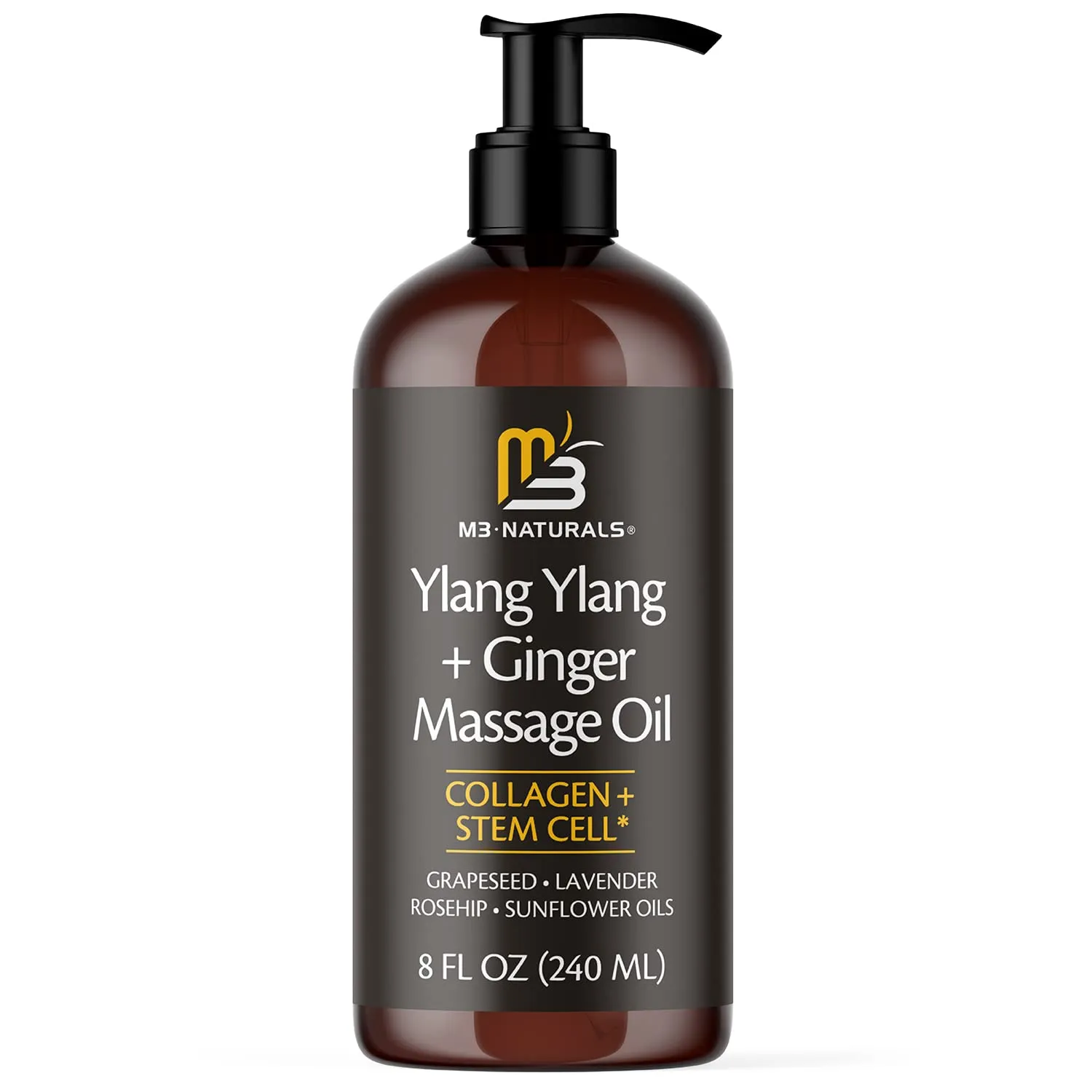 Ylang Ylang   Ginger Lymphatic Drainage Massage Oil – with Collagen & Stem Cells for Circulation, Detox & Cellulite Removal – Body Oil for Muscle Relief, Skin Firming & Relaxation – 8oz by M3 Naturals