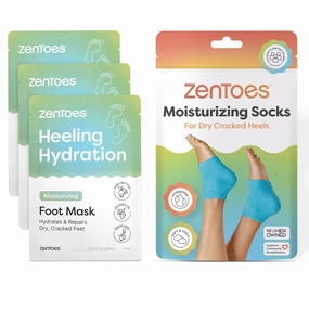 ZenToes Foot Care Bundle – Moisturizing Foot Masks with Shea Butter and Jojoba Oil (3 Pairs)   Hydrating Heel Socks with Vitamin E and Olive Oil (Fuzzy Blue, Regular Size)