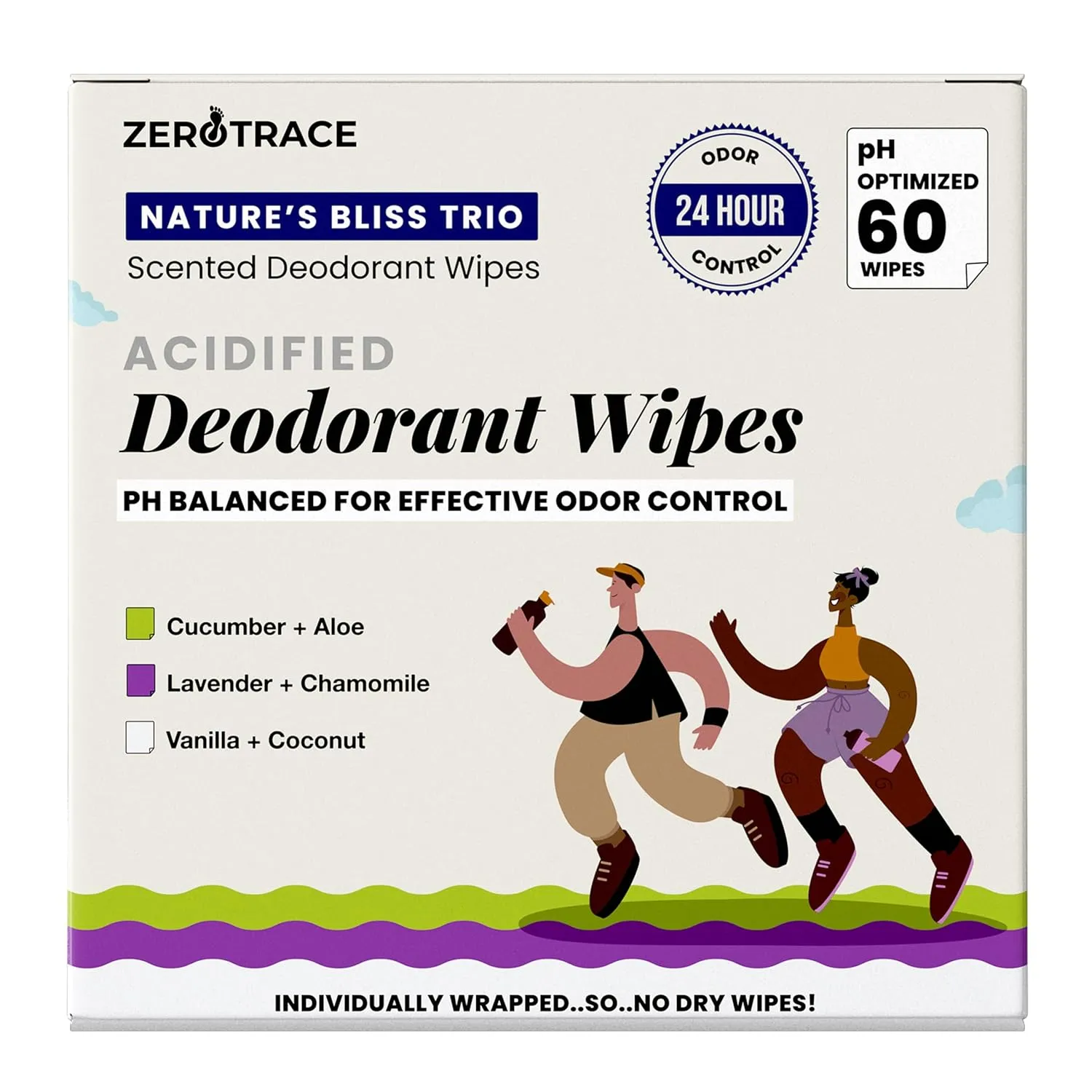 Zero Trace Travel Deodorant Wipes - 60 Count- 24 Hour Odor Control - Aluminum Free Hypoallergenic Mini Deodorant For Women and Men - Individually Wrapped Underarm & Body Wipes- Nature Bliss Trio