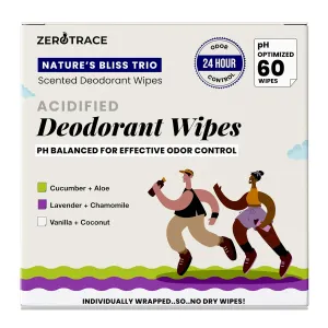Zero Trace Travel Deodorant Wipes - 60 Count- 24 Hour Odor Control - Aluminum Free Hypoallergenic Mini Deodorant For Women and Men - Individually Wrapped Underarm & Body Wipes- Nature Bliss Trio